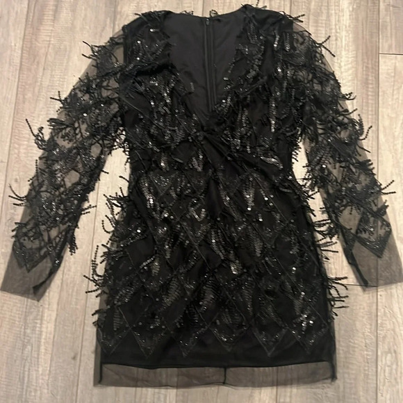 BLACK SEQUIN DIAMOND MESH LONG SLEEVE DRESS Sz S - Picture 7 of 7